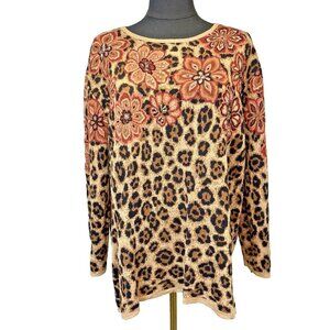 Alfred Dunner Sweater Size 2X Leopard Print Floral Beaded Maximalist Lightweight